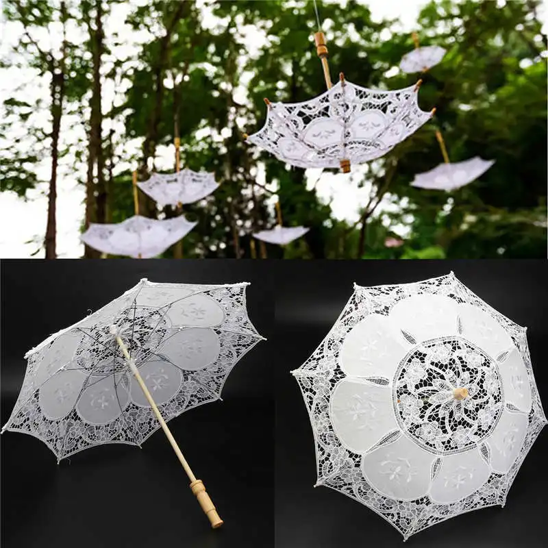 

23inch White Lace Embroidered Parasol Sun Umbrella Bridal Wedding Party Decorative Supplies