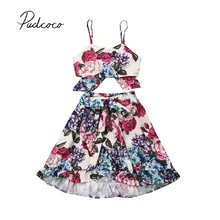 Детская летняя одежда, одежда с цветочным принтом для маленьких девочек, топы с бантом, юбки, длинное платье, комплект из 2 предметов, костюм