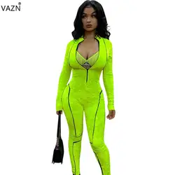 VAZN 2019 весенние сексуальные флуоресцентные зеленые комбинезоны женские глубокий v-образный вырез полный рукав Комбинезоны женские полые