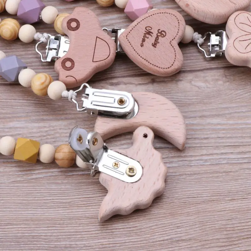 1PC Dummy Clip Pacifier Chain Holder Natural Organic Beech Wood Baby Newborn Shower Gift Dec17