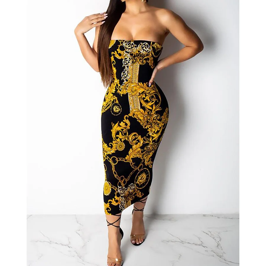

Explosion models 2019 sexy fashion gold chain print sleeveless word collar backless dress