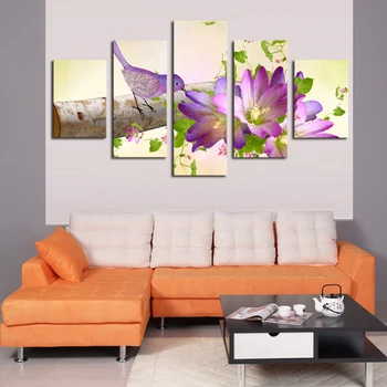 

5 Panels HD Beautiful Bird And Purple Flower Top-rated Canvas Print Painting For Living Room Wall Art PictureArtwork Unframed