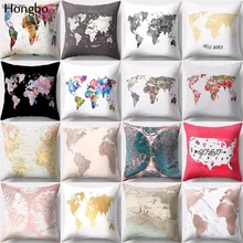 Hongbo 1 Uds Vintage colorido estilo de mapa del mundo funda de cojín con patrón de poliéster funda de almohada para decoración de hogar para sofá de coche