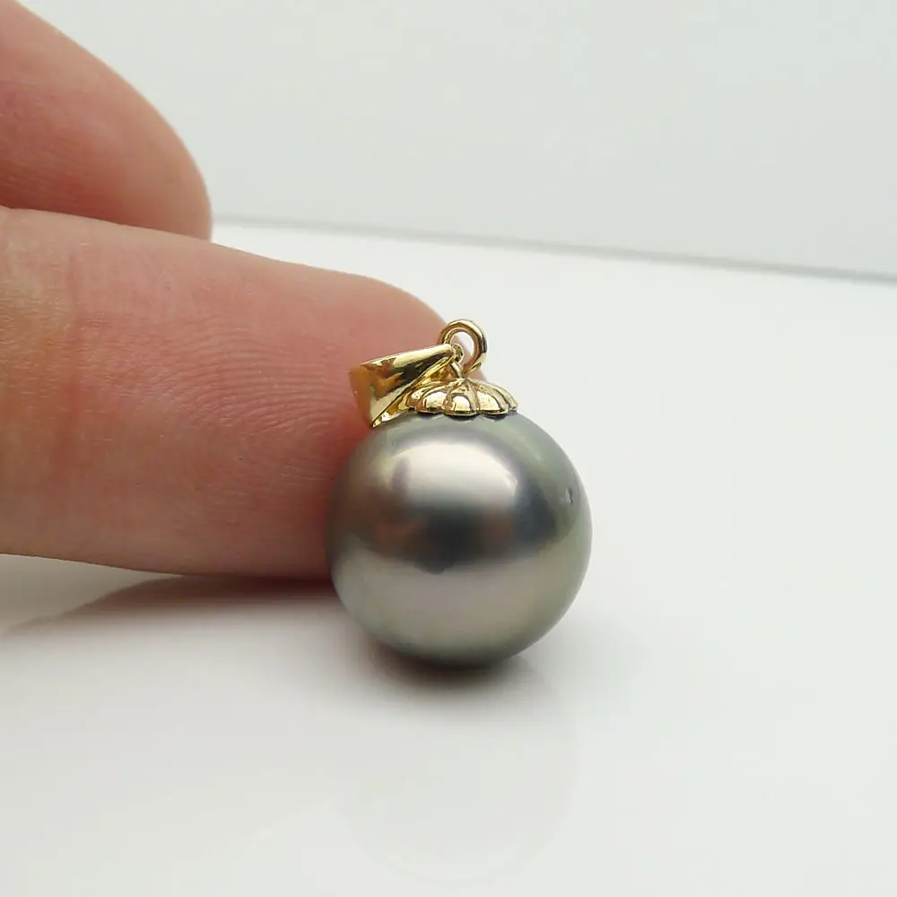 

FREE SHIPPING 12MM Natural Color Real Tahitian Cultured Pearl Pendant Solid Yellow Gold