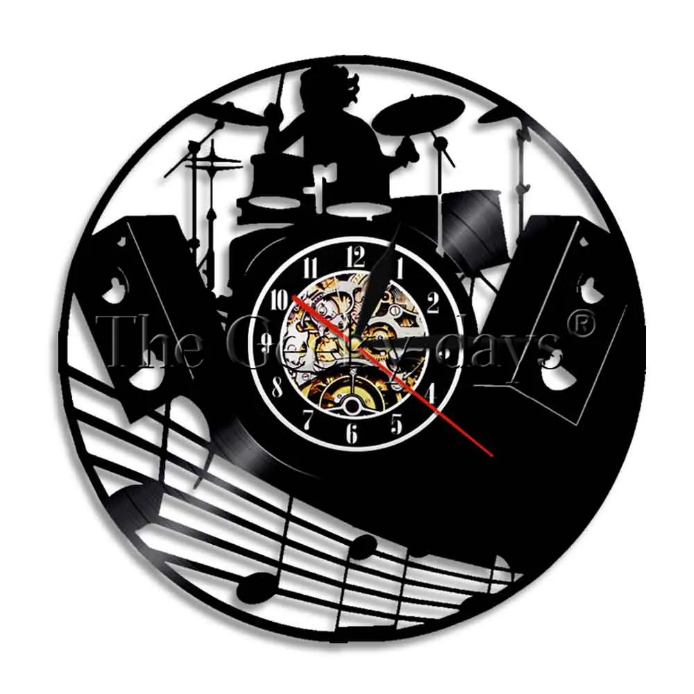 Rock N Roll Drums LED Wall Light Drumkit Wall Clock Vinyl Record Wall