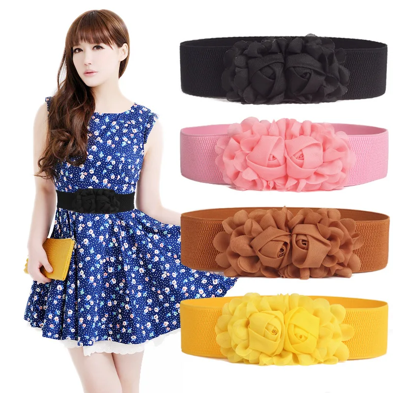 

Chiffon ExtraWwide Female Belt Double Rose Elastic Waist Girdle Luxury Casual straps ceintures Women Clothing Accessories PD-51