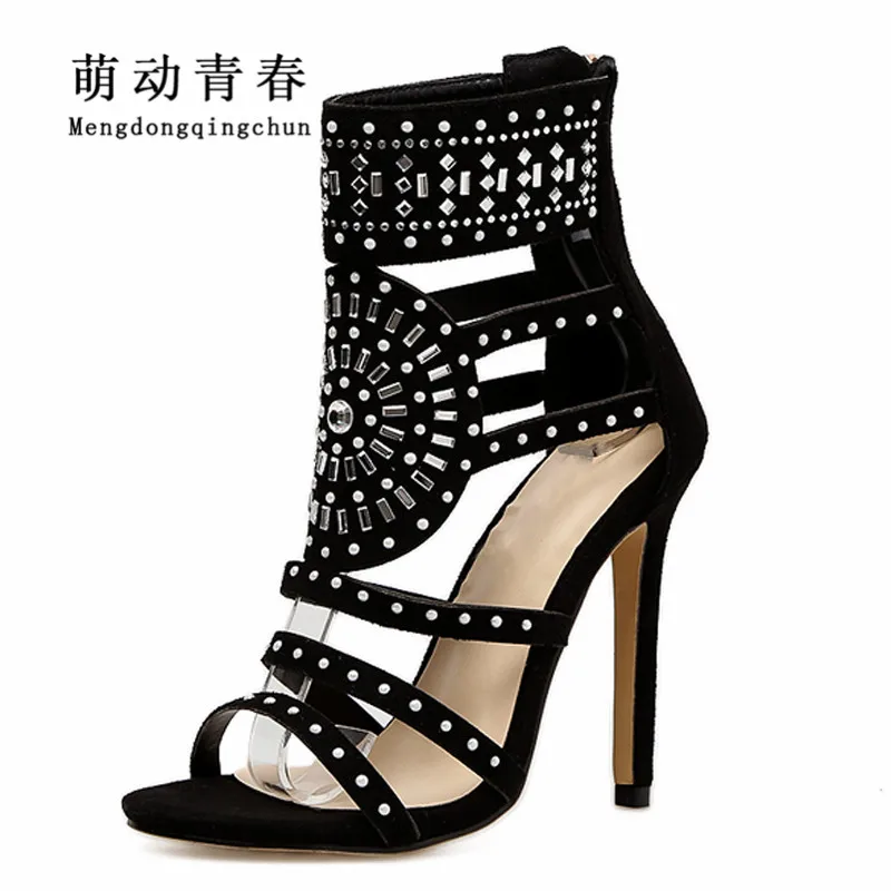 En Ligne 2018 Nouveau Printemps Femmes Pompes Gladiateur De Mode Mince Talons Troupeau Talons hauts Peep Toe Cristal Strass Femmes Pompes Plus La Taille