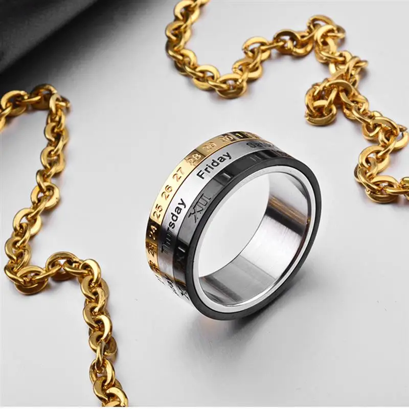 YAKAMOZ вращающееся кольцо с римскими цифрами, 3 части, мужское Ювелирное кольцо на палец из нержавеющей стали, Крутое кольцо с календарем и датой, стальное кольцо в стиле панк