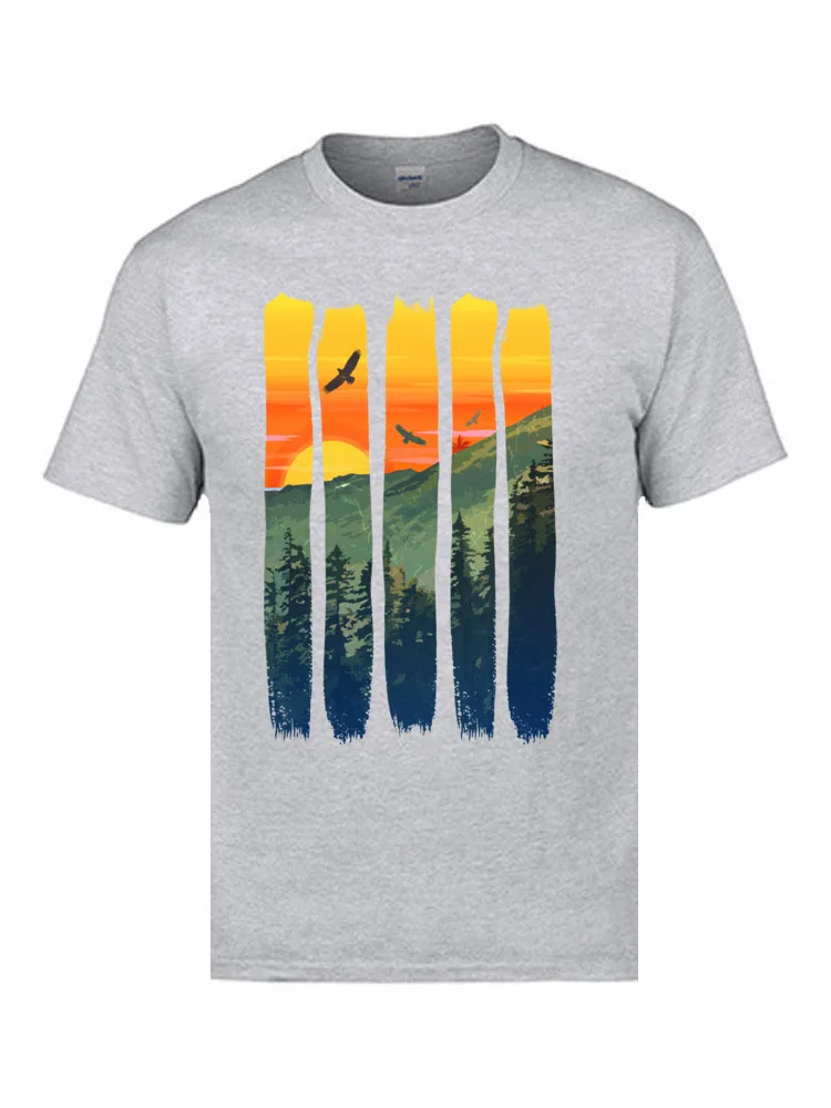  Men's T Shirt Custom Casual Tops & Tees Cotton Crewneck Short Sleeve Printed T Shirts VALENTINE DAY Top Quality Nesting Eagles by the Summer Mountain Sunset grey