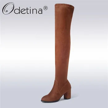 

Odetina New Fashion Suede Leather Lady Concise Knee High Boots Women Chunky Heels Slip On Winter Plush Thigh Boots Big Size 43