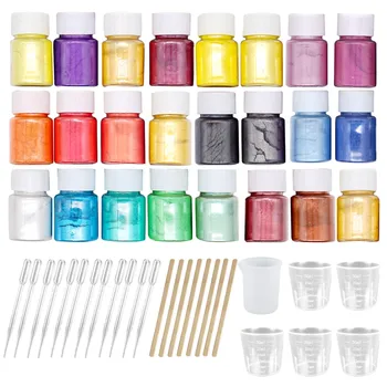 

24 Colors Colorant Pigments Mica Pearl Powder 8pcs Wooden Rod 6pcs Measuring Cups 12pcs Dropper for DIY Slime Random Color