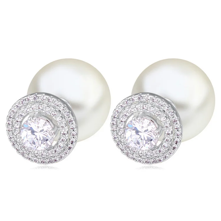 Double Sided Pearl Cubic Zirconia Earrings For Women With 2 Double Sided Pearl Cubic Zirconia Earrings For Women With 2 Circles Of Side Stones Brilliant Cut Cz Diamonds 21259 In Stud From