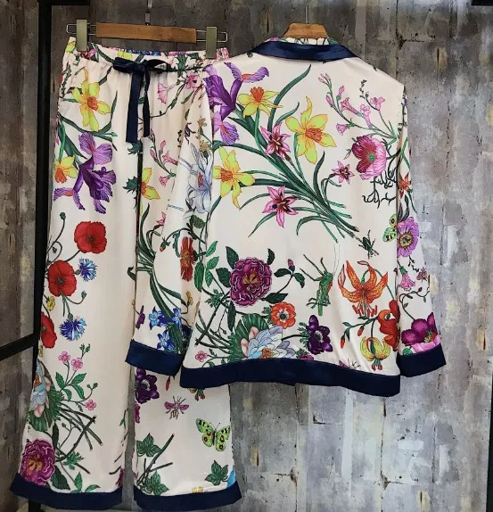 Весна и лето новая Женская атласная рубашка с длинными рукавами+ брюки костюм из двух предметов