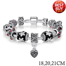 BAMOER Russia Belarus Popular Silver Heart Charm Bracelet Bangle for Women With Glass Beads Jewelry 18CM