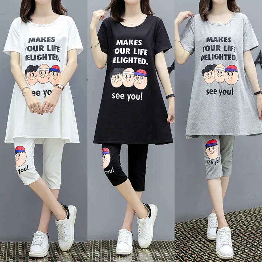 

New summer Korean version of pregnant women suit loose thin cartoon doll pattern shirt + stomach lift pants two-piece