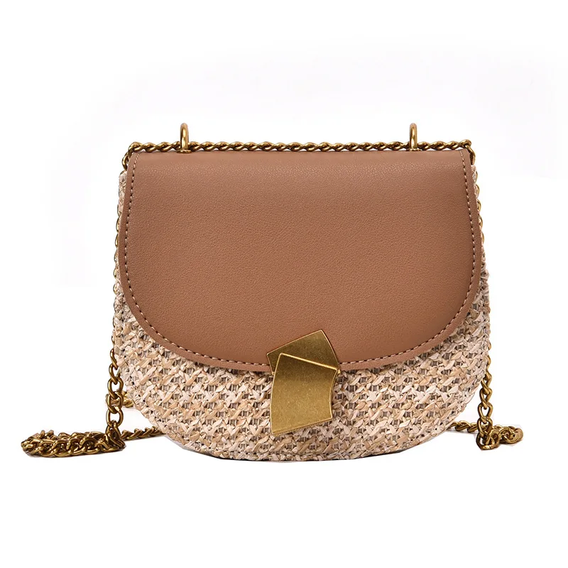 

2019 New Ladies Summer Straw Fashion Saddle Bag Woven Folk Pu Simple Shoulder Slung Handbag