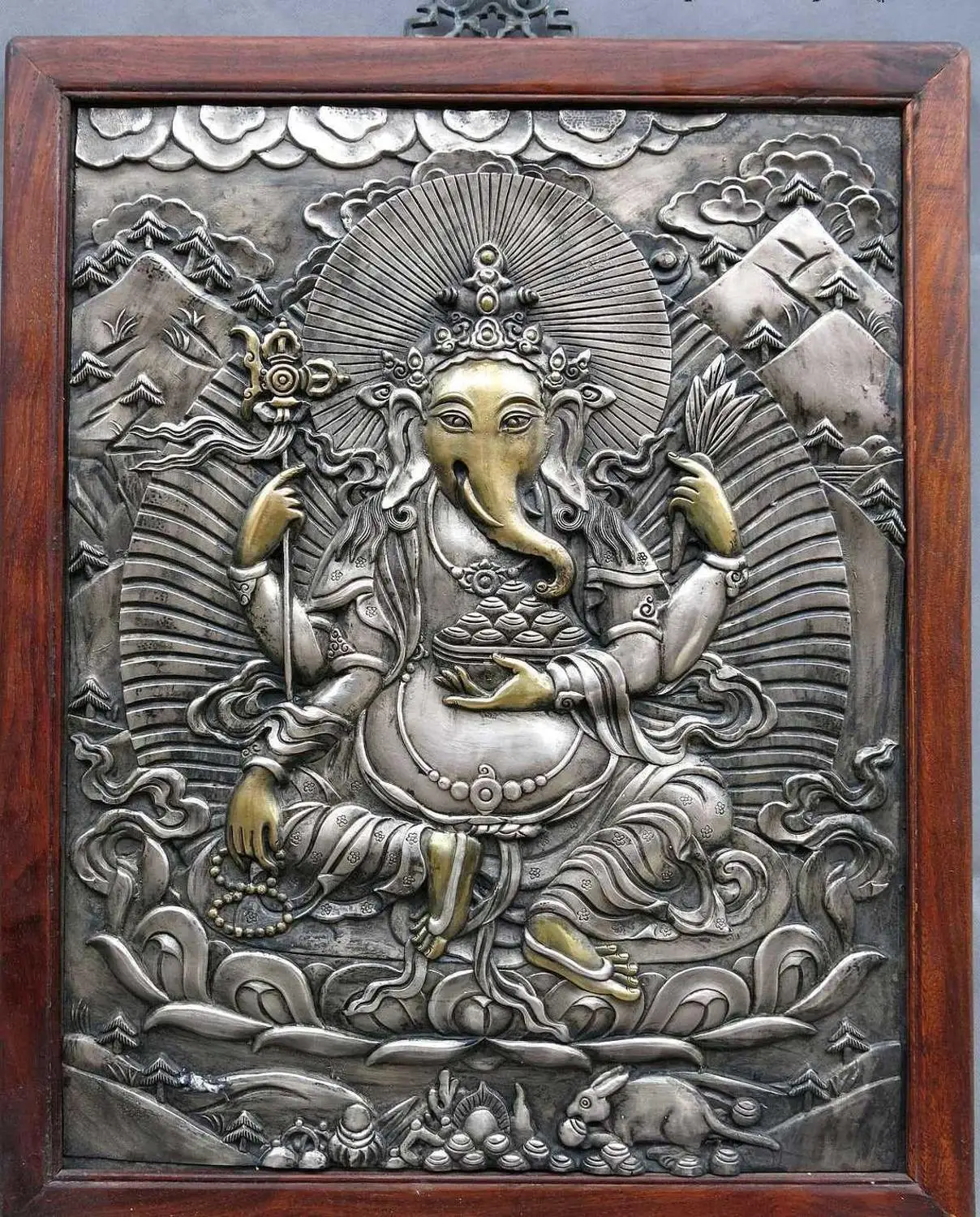 

27" Tibet handwork wood silver gild copper elephant trunk buddha Thangka Statue