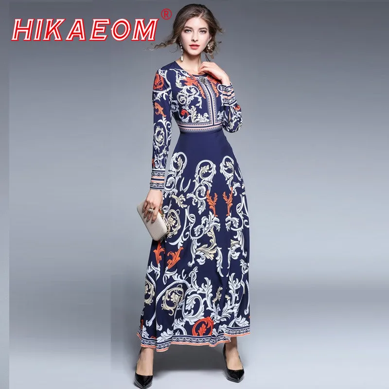 

Floral Vintage Maxi Loose Dresses Women New Women Catwalk Star Pearl High End Diamond Flower Print Long Sleeve Retro Dress