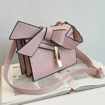 

Elegant Female Bow Tote Bag 2020 New Quality PU Leather Women's Designer Handbag Stone pattern Lock Chain Shoulder Messenger bag