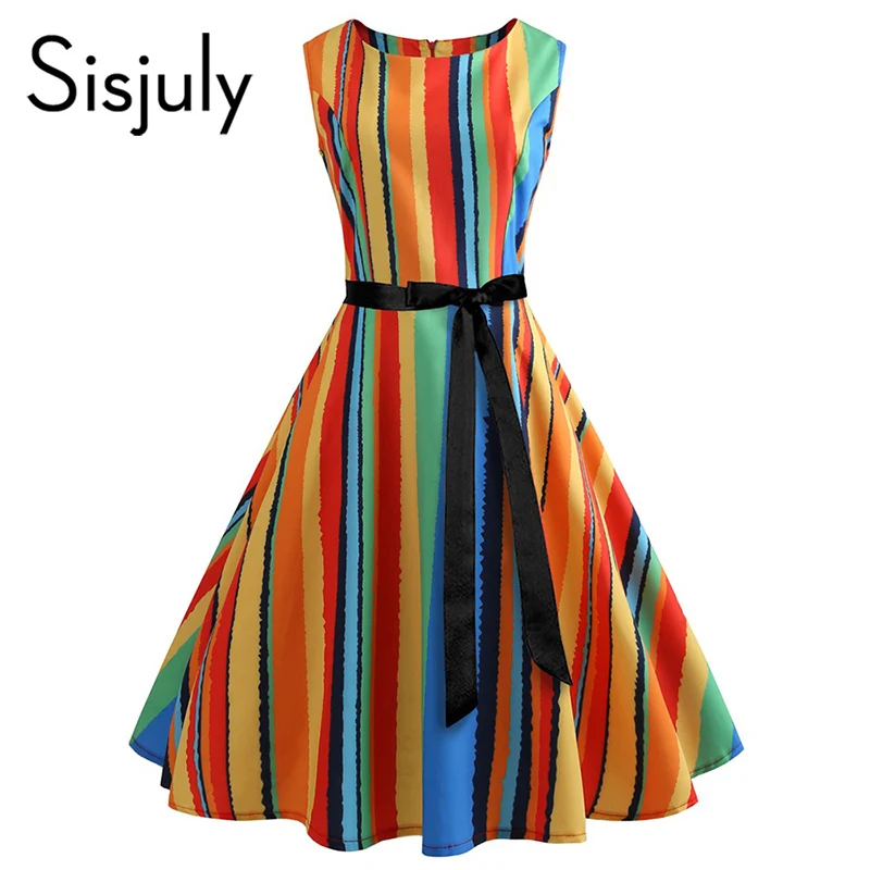 

Sisjuly 50s vintage summer women color striped print dress sleeveless o-neck a line belts lace up girl retro knee-length dresses