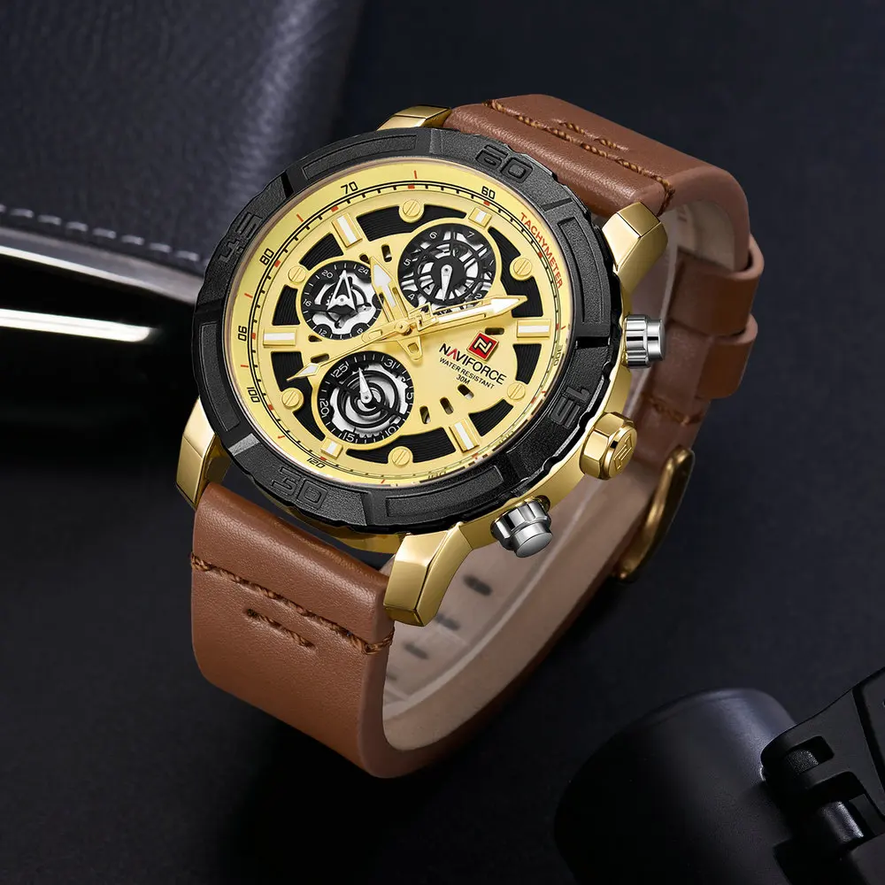 

NAVIFORCE Sport Watch Men Waterproof Quartz Gold Case Clock Man Genuine Leather Strap Chronograph Mens Watches Top Brand Luxury