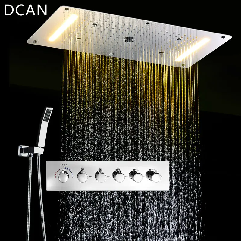 Preise DCAN Multifunktions Bad Dusche Sets Luxus SUS304 Thermostat Mischer Wasserfall Niederschläge SPA Decke Große Regen Führte Dusche Set