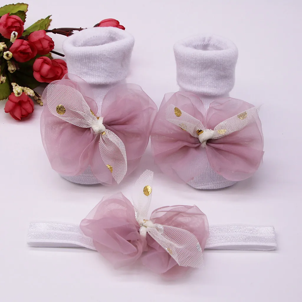 

2pcs Baby Girls Socks With Bows Sequin + Headband Infants Cotton Ankle Socks Baby Girls Princess Sock Cute Children Socks