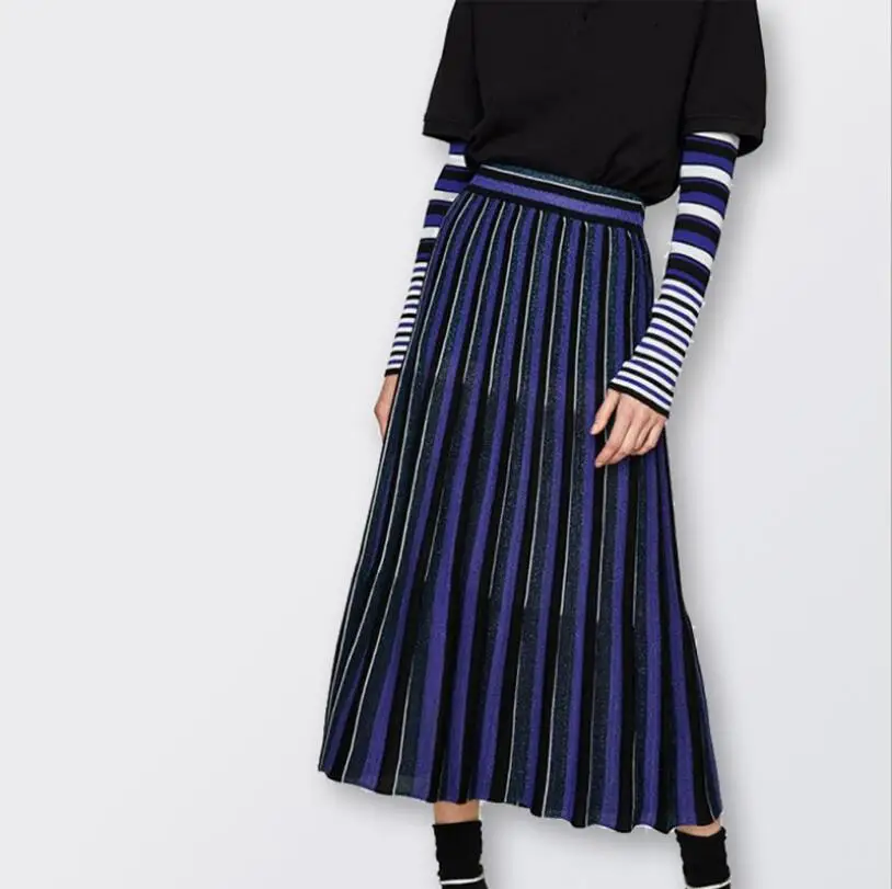 

Qooth Girls Fashion Skirts Striped Lurex Knitwear Elastic Waist Pleated Skirt 2019 Spring Summer Women's Maxi Long Skirt QH1829