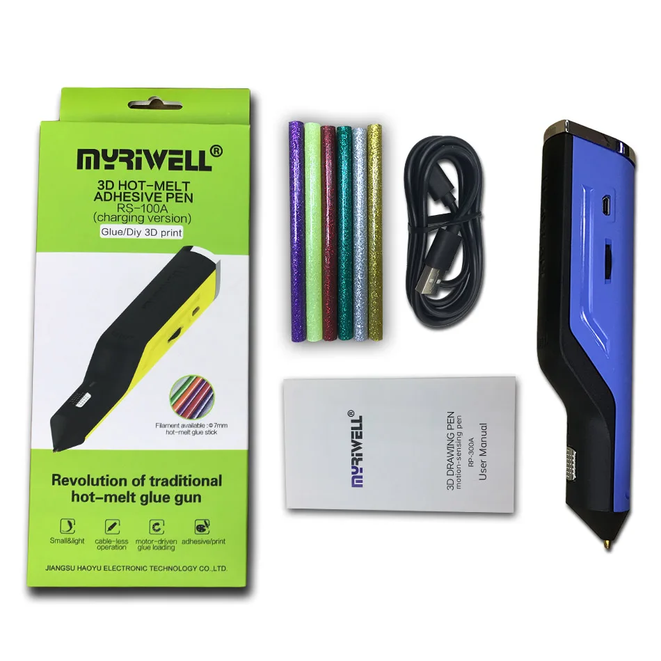 Myriwell DIY 3D ручка/термоплавкий клеевой пистолет, usb зарядка 3D печать Ручка+ 6 цветов клей-карандаш креативная игрушка подарок для детей дизайн - Цвет: Синий