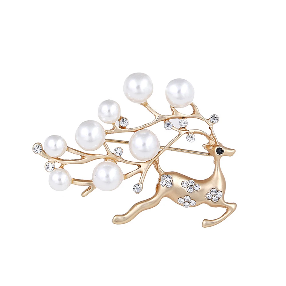 

JUJIE Fashion Crystal Reindeer Brooches For Women 2019 Christmas Pearl Deer Brooches Pins Animal Jewelry Dropshipping