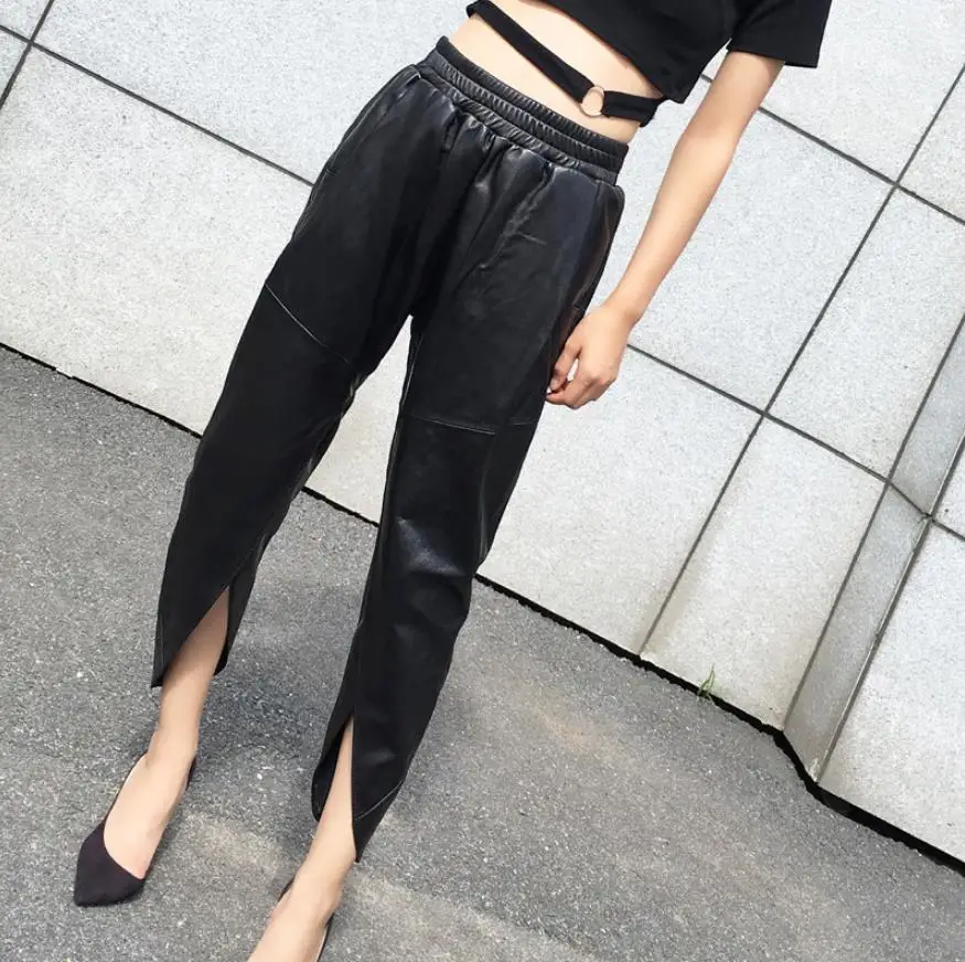 Fashion split design Genuine sheep leather pants fashion female elastic waist leisure hollow cut leather pant wq854 dropship Fashion split design Genuine sheep leather pants fashion female elastic waist leisure hollow cut leather pant wq854 dropship