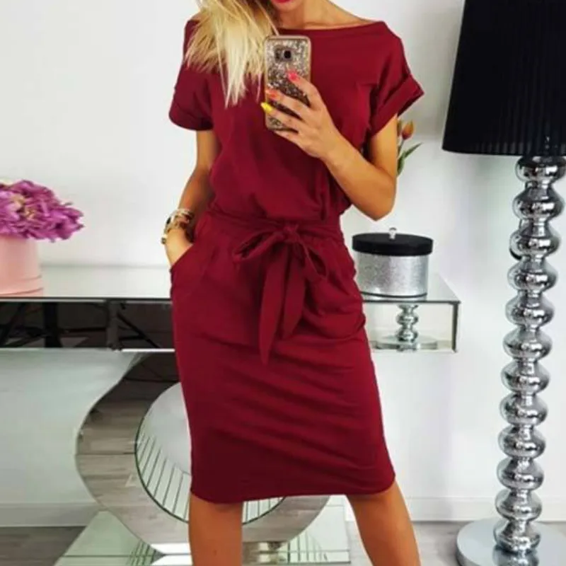 

2019 New Summer Sashes Dress Women Vintage Sexy Bodycon Vestidos Solid Short Sleeve Slim Female Ladies Party Bandage Dresses XL