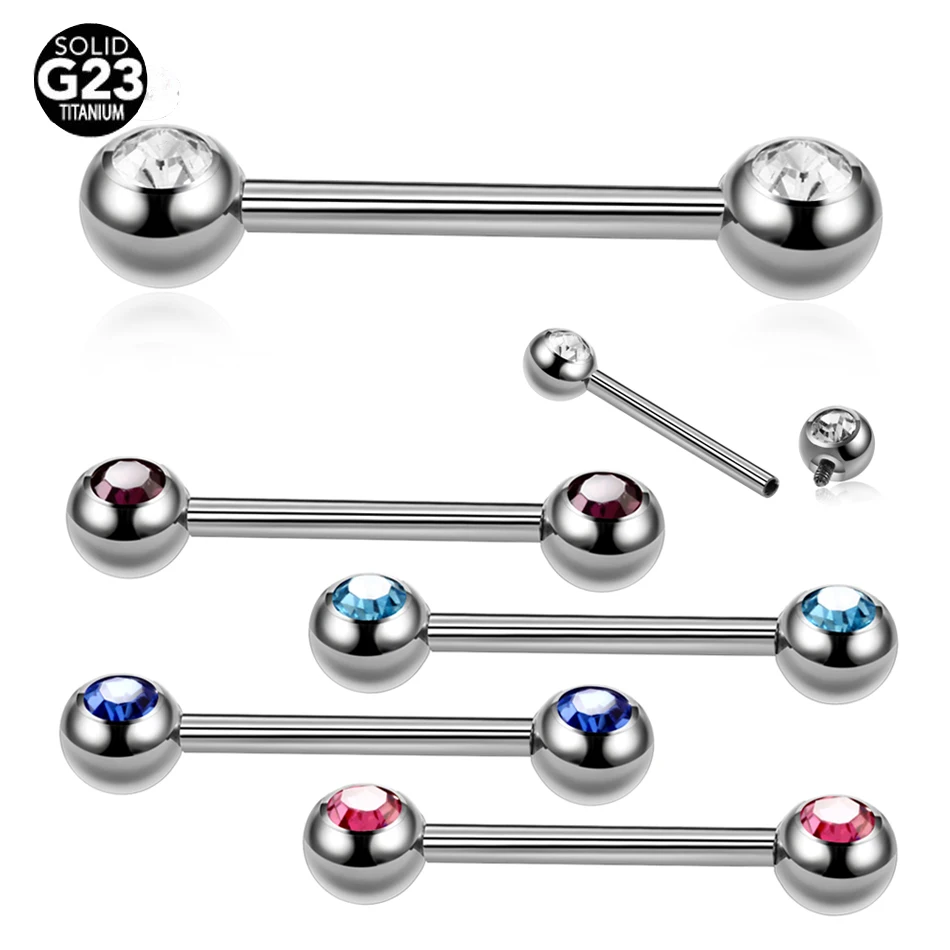 

2Pcs ASTM F136 Titanium Piercing Nipple Ring 14G Internally Thread Crystal Tongue Barbell Rings Helix Ear Piercing Sexy Jewelry