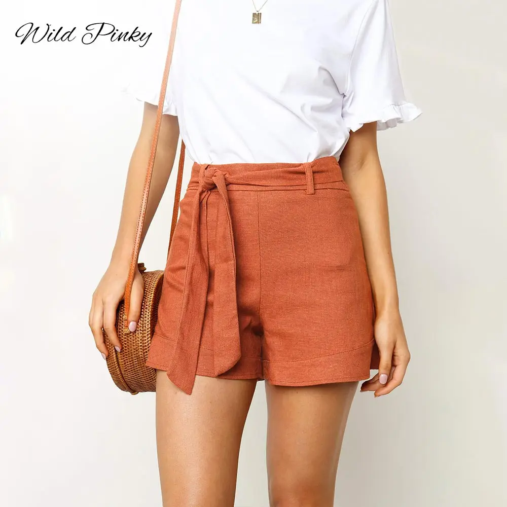 

WildPinky Hot Summer Casual Shorts Women Beach High Waist Shorts Fashion Lady Tie Up Belted Shorts Female Summer Bottoms 2019