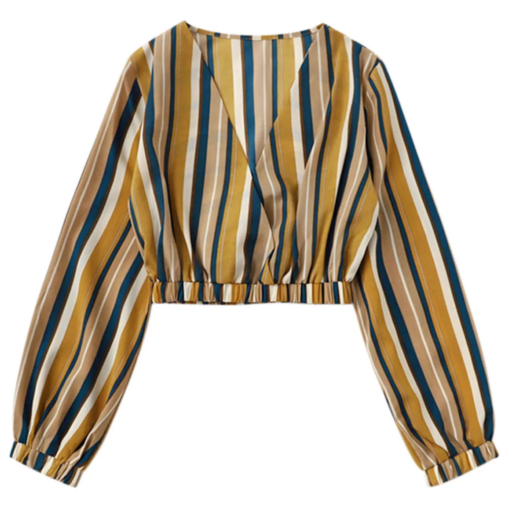 Moda Crop Top mujer 2018 blusas mujeres Sexy rayado gasa blusas De manga larga blusa cuello en V corto diario camisa Ropa De Muje