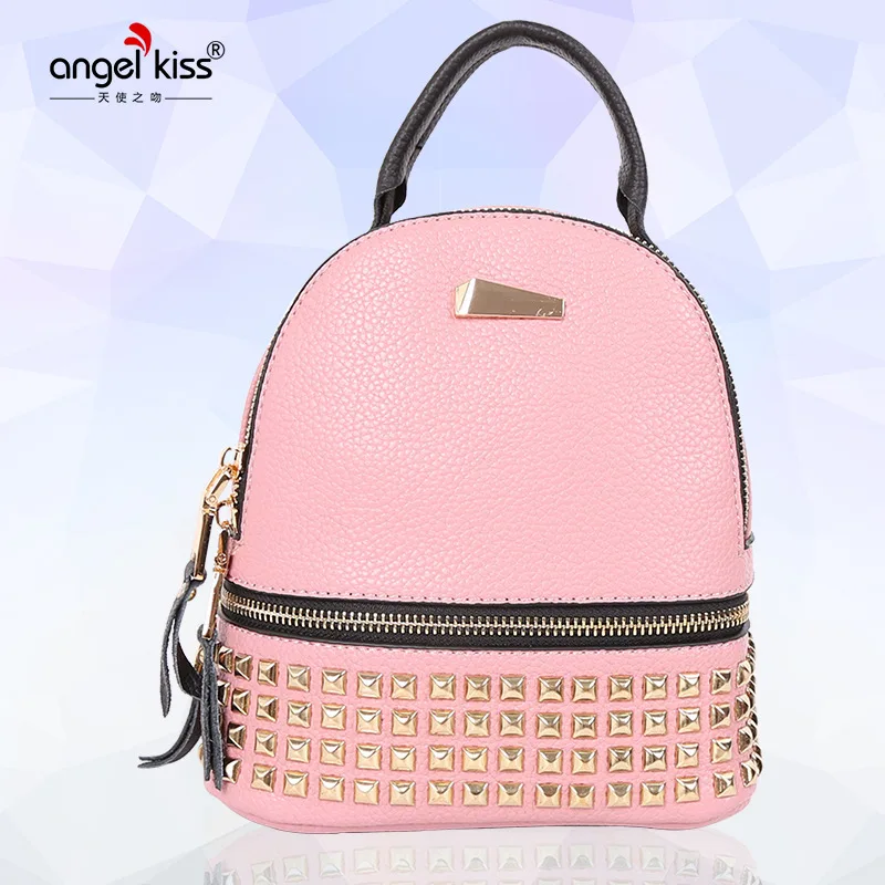 

Angel Kiss Lady Litchi Mini Backpack Personality Rivet Women Shoulder Bag Teenager Student School Shopping Backpack