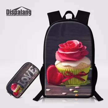 

Dispalang 2PCS/Set School Bags With Pencil Case For Elementary Students Rose Heart Prints Campus Girls Backpack Casual Bagpack