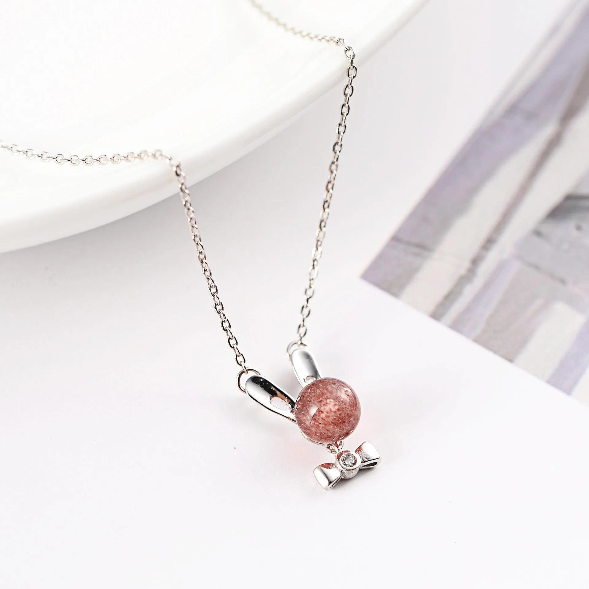 strawberry crystal rabbit necklace woman 100% 925 Sterling silver nacklace Jewellery Clavicle chain pendant charms gift