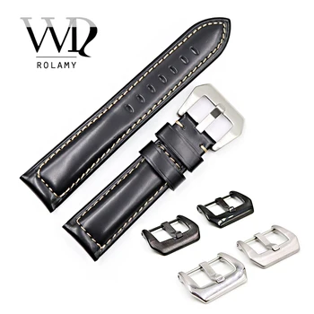 

Rolamy 22 24 26mm Black Smooth Real Leather Handmade Thick Replacement Wrist Watch Band Strap Belt With Pre-V Screw Buckle