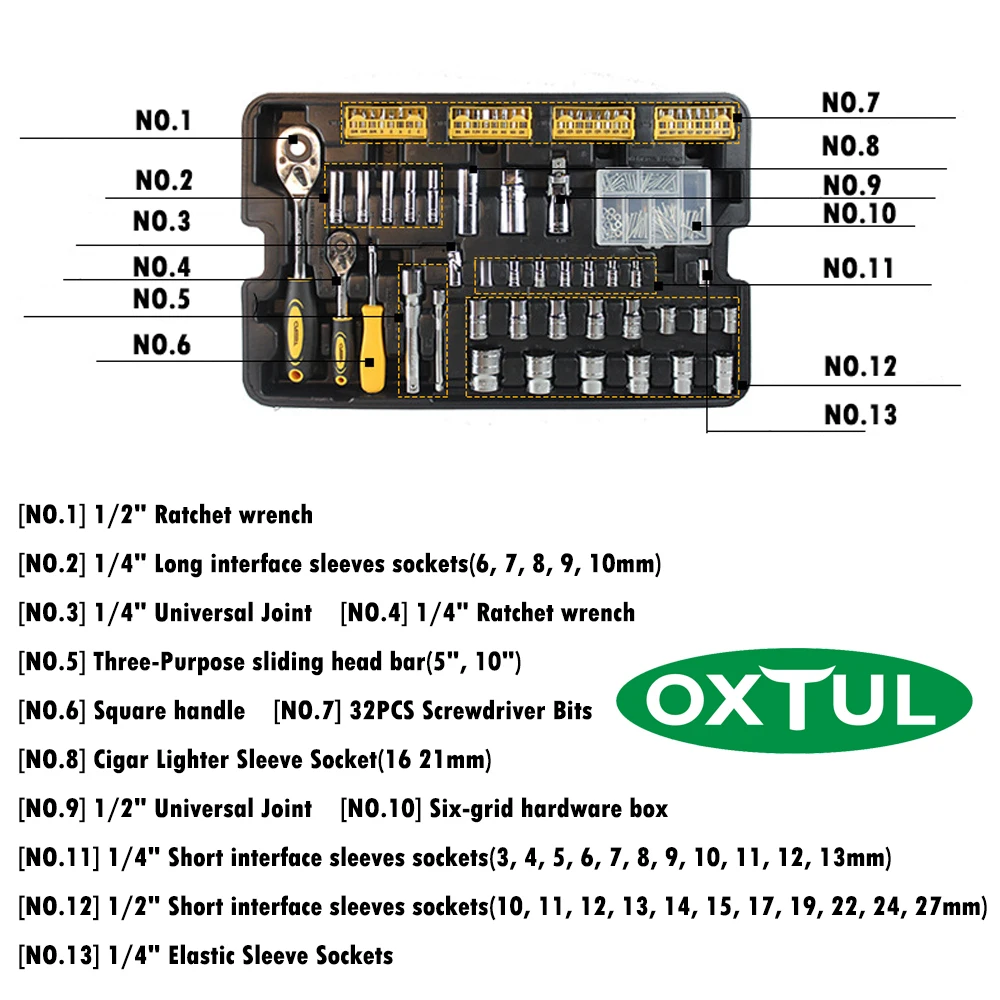 OXTUL 255 шт. набор профессиональных ручных инструментов + ящик для вращения торцевой