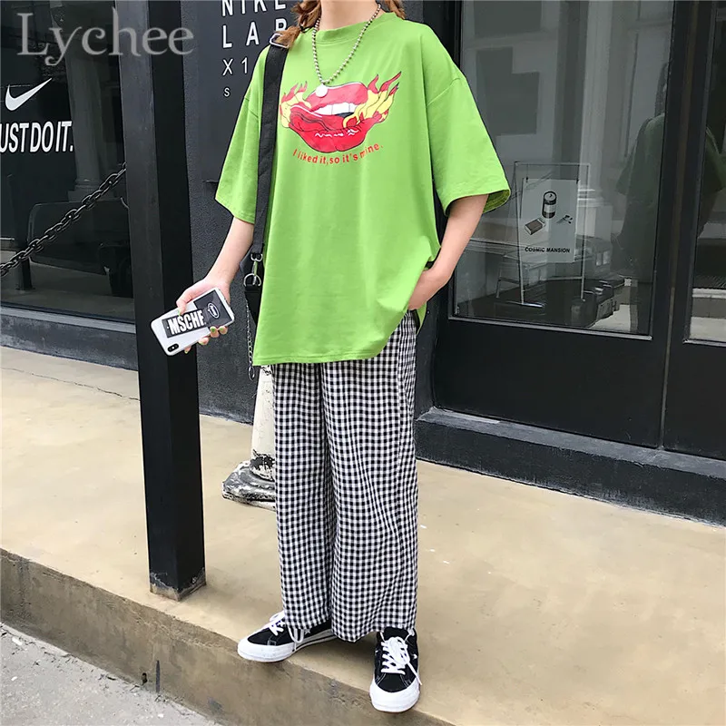 Женская футболка с надписью Lychee Harajuku летняя зеленая коротким рукавом и круглым
