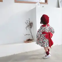 Платье с бантом и принтом для девочек модные осенние платья для девочек от 1 до 7 лет, HW119