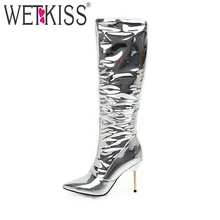 WETKISS/ г. модная женская обувь лакированные сапоги до колена на высоком каблуке пикантные женские сапоги на шпильке с острым носком вечерние Сапоги на молнии