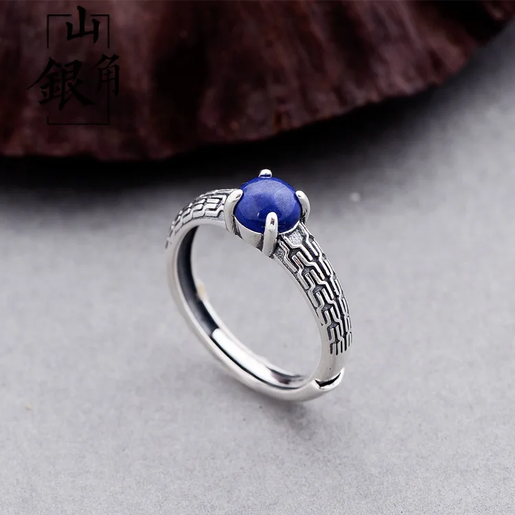 

New S925 sterling silver ring retro Thai silver natural lapis lazuli ring index finger ring lady retro opening ring free shippin