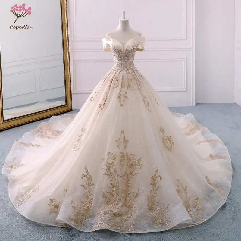 

Popodion champagne court retro tail wedding dress bride dress wedding dress vestido de noiva WED90441