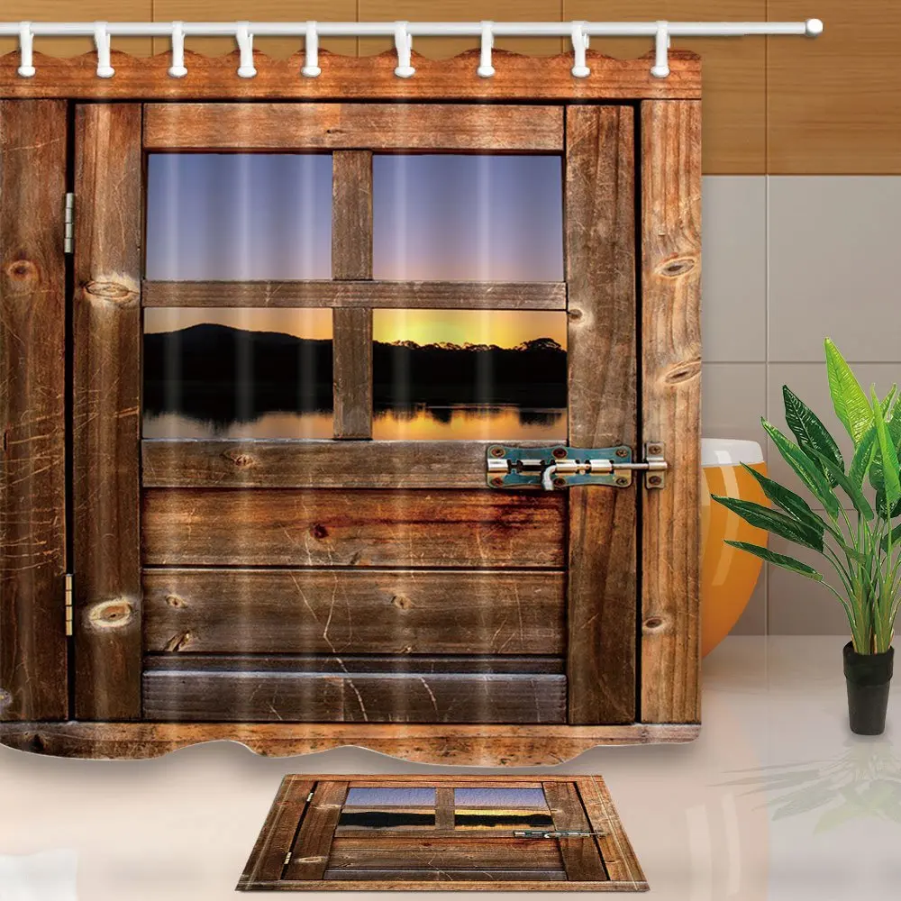 Wooden Bath Curtain, Timber Door with Window to Sunset and River Mildew
Resistant Shower Curtain Set With Floor Doormat