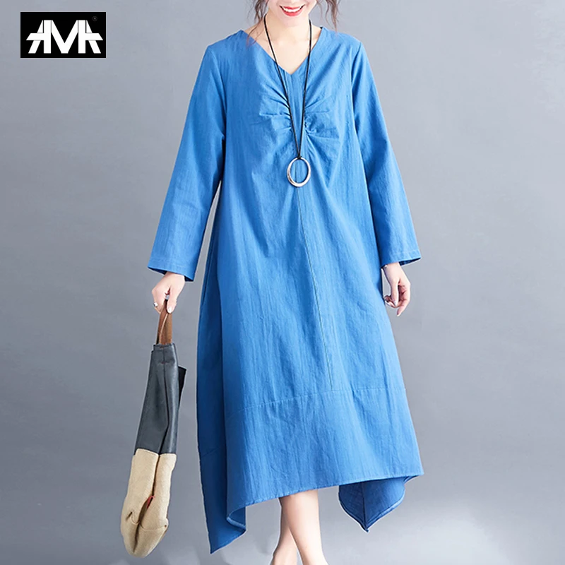 

2019 New Fashion Simple Solid color Women's Dress Loose Plus size Long sleeve Cotton and linen Casual Loose Summer Femme Dresses