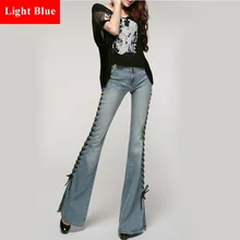 Осенние новые джинсовые брюки женские тонкие обтягивающие Стрейчевые джинсы с боковыми разрезами, перекрещивающимися ремнями расклешенные джинсы узкие белые джинсы "варенки"