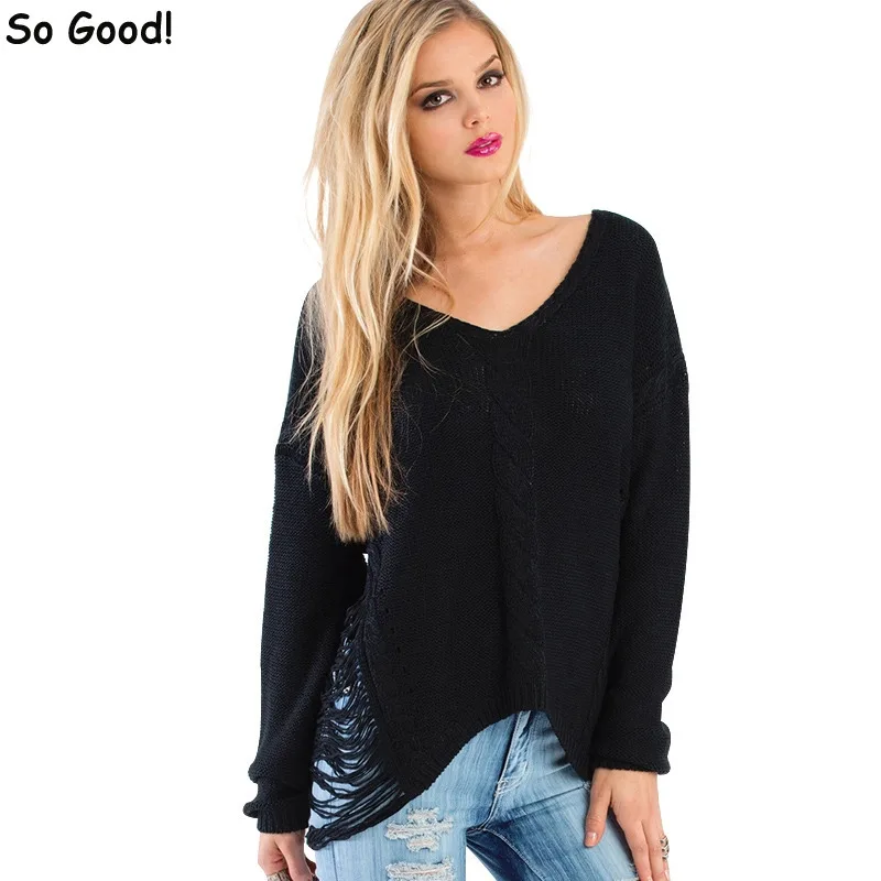 Hot Sale 2016 Fashion Pendant Tassel Pullover V Neck Long Sleeve Loose Sweater Winter Sweaters Black | Женская одежда