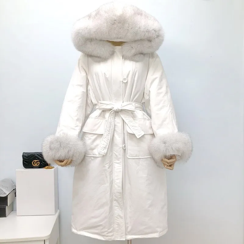 Winter Down Coat New Large Natural Fox Fur Collar Down Jacket Women Hooded Long Parkas Warm Snow Outwear Female With Belt